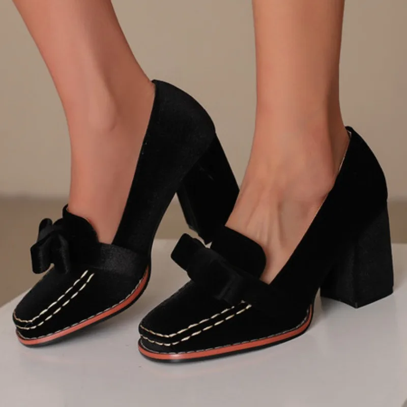 2025 Matte Velvet Material Square Toe Car Stitching Bow Decal Shallow Women's Pumps Super High Thick Heel Elegant Noble Shoes