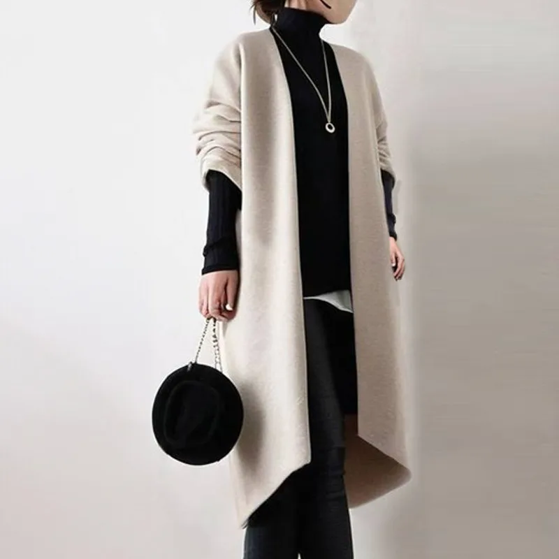 Casaco de lã feminino solto longo sve sem gola comprimento médio outono novo sle transfronteiriço coreano japonês sle faionable