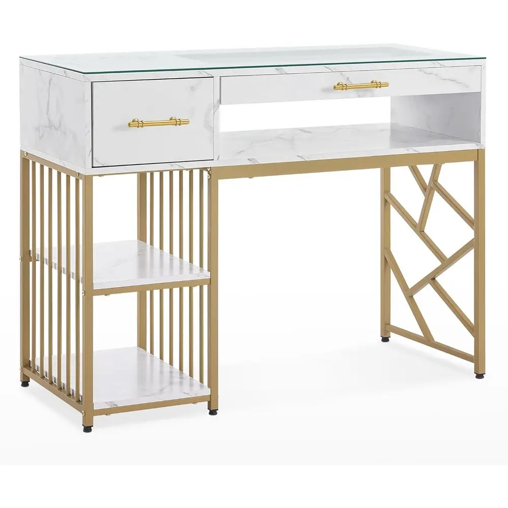 

Modern Marbled Textured Nail Station with Glass Top and Storage Shelves, White
