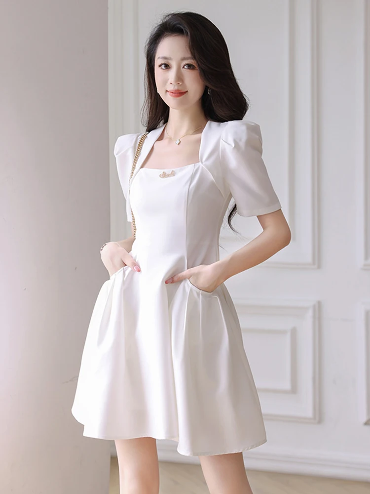 Hohe Qualität Sommer Mode Frauen Abendkleid Chic Vintage Puff Sleeve Schlank Falten Mini Party Club Geburtstag Prom Mujer Vestidos