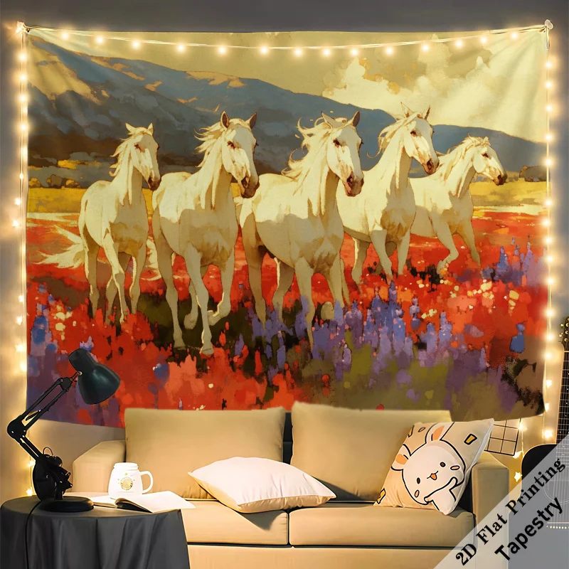 Boho Tapestry Wall Hanging Running Horses in Floral Meadow Landscape Art Print for Farmhouse Boho Home Decor Gift Decoration