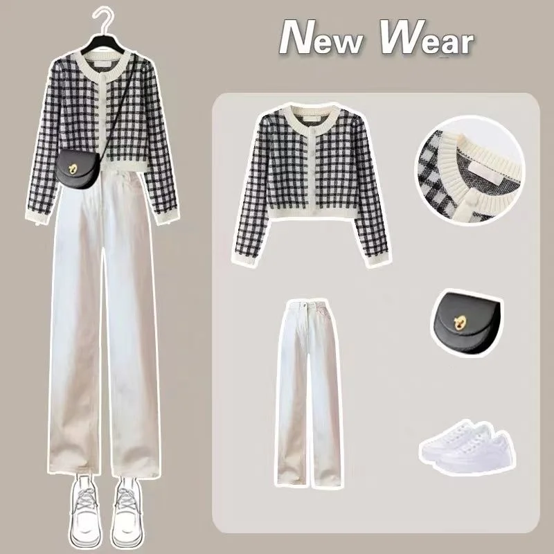 Spring Autumn Plaid Knit top Trousers Outfits 2024 New Short Elegant Knitted Sweater Cardigan High Waist Pants Two Piece Set