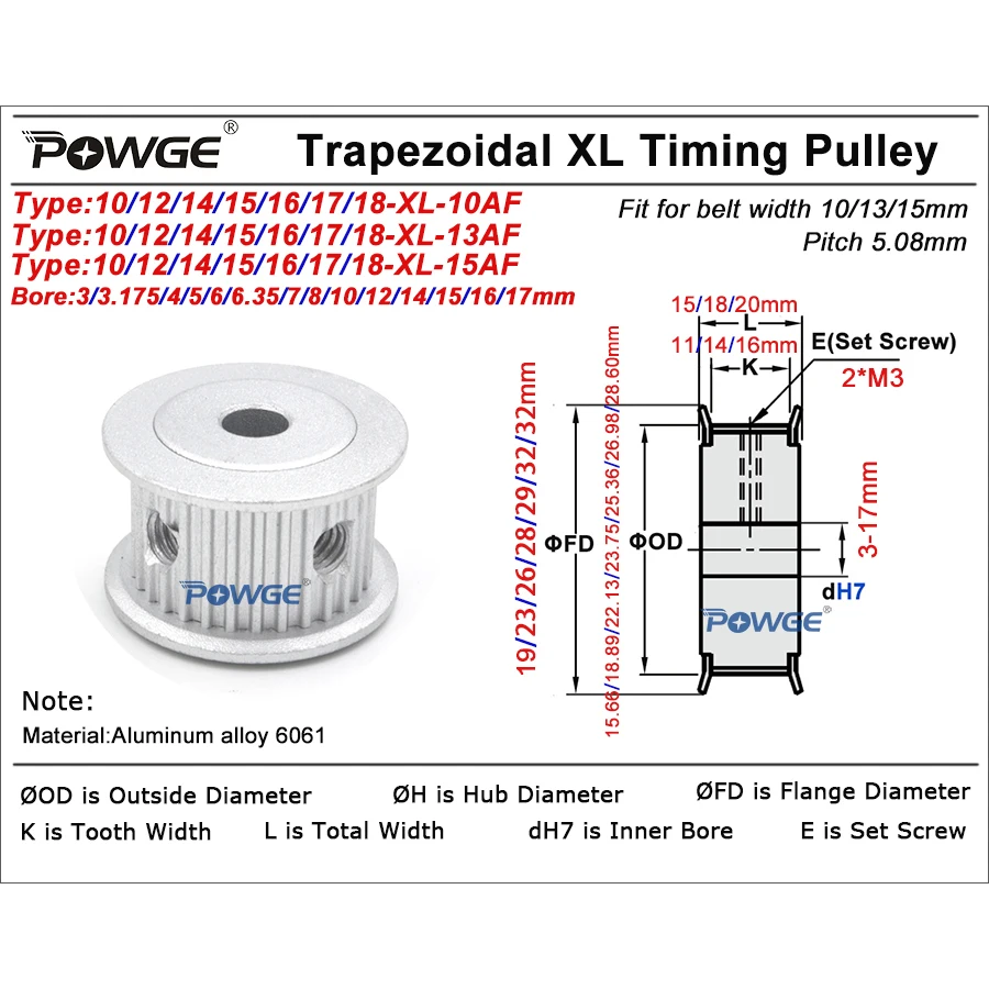 POWGE 10 12 14 15 16 17 18 teeth XL Timing Pulley Bore 3-16mm for Belt width 10/15mm 10T 12T 14T  15T 16T 17T 18T 15Teeth