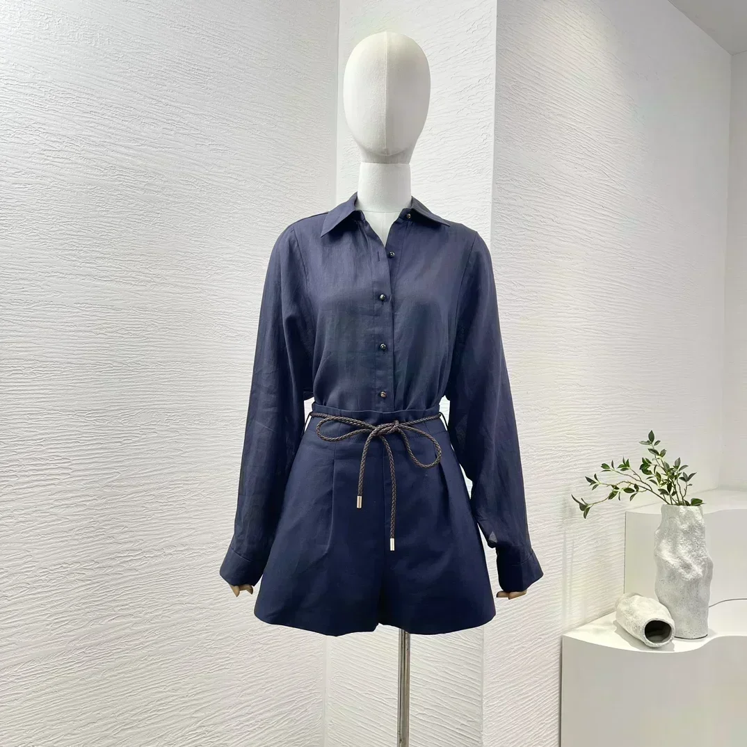 

High Quality Ramie Blouse Tops and Linen Shorts Set New Collection Women Solid Classic Navy Blue Long Sleeve