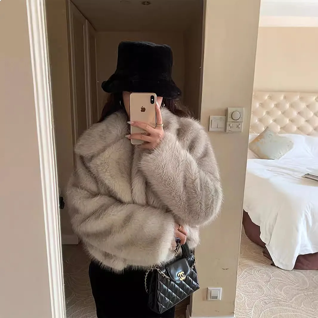 Eco Friendly Faux Fur Coat Women Short Notch Collar Fox Fur Jacket Winter Outwear Coats