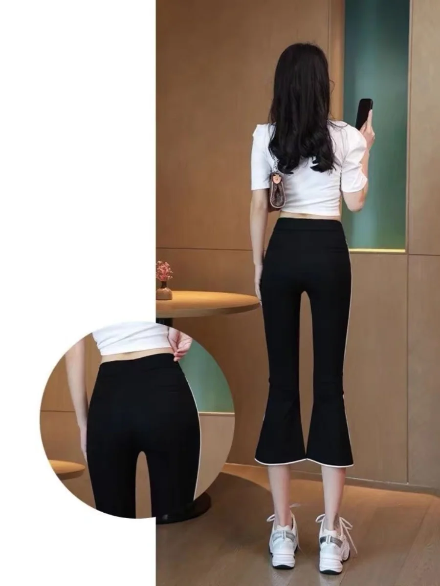 Siebenfuß-Hose mit hoher Taille für Damen, dünn, lässig, Spleißen, Sporthose in Übergröße mit Kette, Mikro-Schlaghose