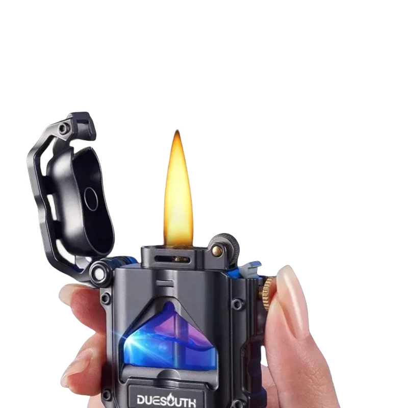 Cool mecha kerosene lighter, transparent oil compartment, high aesthetic value creative LED luminous mechanical wind