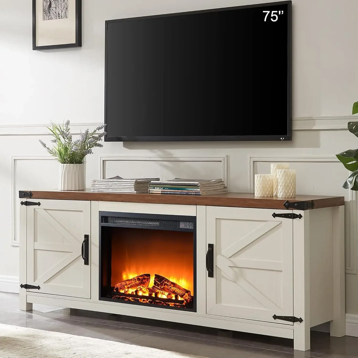 

Entertainment Center with 23" Electric Fireplace Remote Control,for Living Room, 66 Inch, Antique White