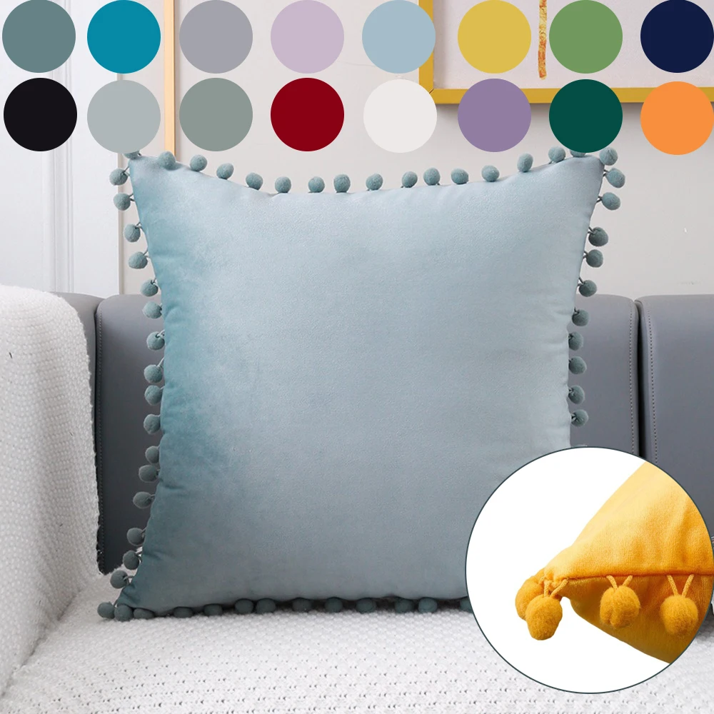 

Solid Colors Soft Velvet Cushion Cover Decorative Pillow Cover with Pompom Ball Throw for Living Room Bedroom Sofa Pillow Case