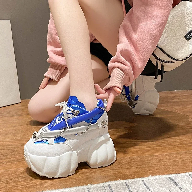 Spring New hick Sole Casual Dad Shoes Breathable Leather Chunky Sneakers Lace-up 10CM High Platform Sports Shoes Zapatos Mujer