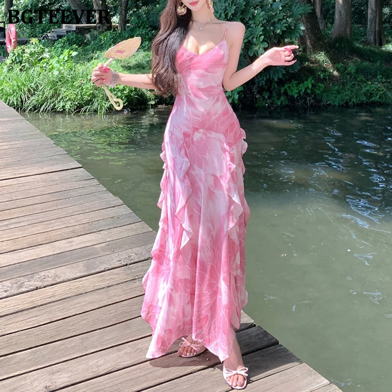 

BGTEEVER элегантное женское платье на тонких бретельках с оборками на бедрах, летнее стильное женское тонкое облегающее платье без рукавов с принтом