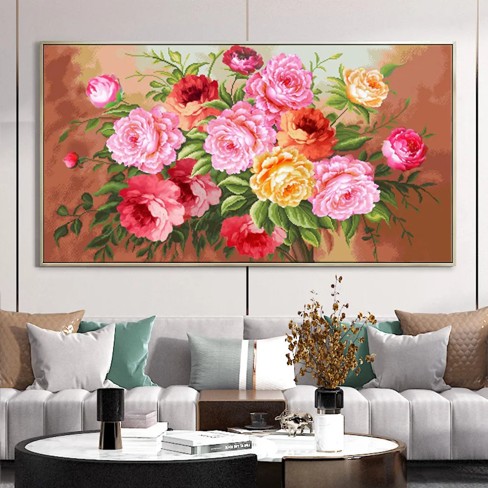 

Набор для вышивания крестиком своими руками: 11-ниточный хлопковый канвас с цветным принтом пионов, для декора дома