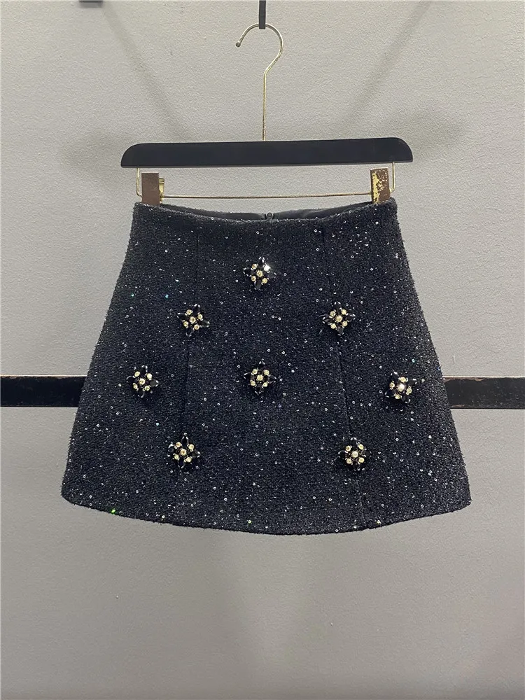 Heavy Embellished Tweed High Waist Slim Fit A-Line  Skirt Women's Fashion Autumn Winter New Style Diamond Embedded Skirts