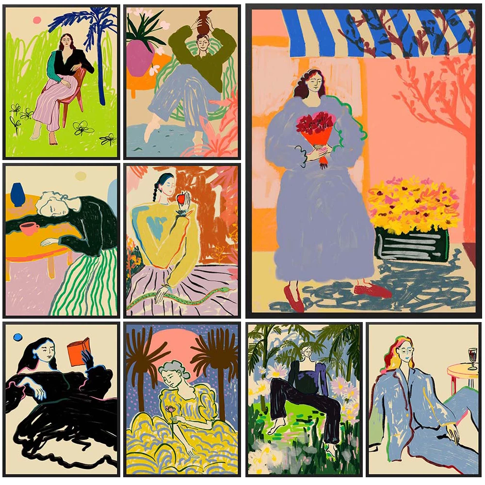 

Illustration Girl Cartoon Woman Portrait Poster Wall Art Canvas Painting Home Decor Wall Pictures For Living Room Unframed