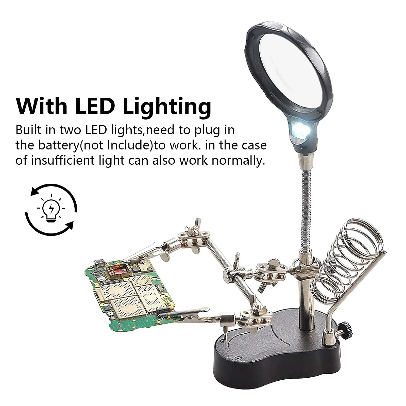 はんだ付け修理ツール、ヘルピングハンドステーション拡大鏡（12倍・35倍）、ledライト付き補助ワニ口クランプ