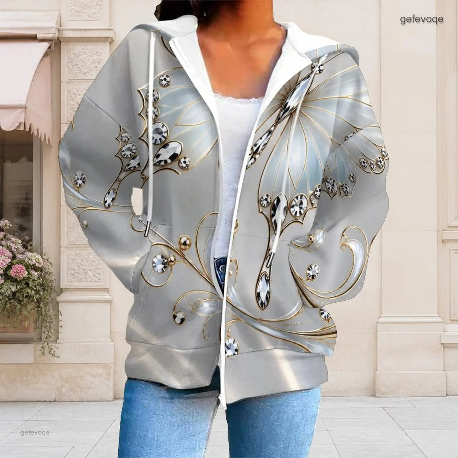 Women Butterfly Wing Print Full Zip Long Sleeve Drawstring Hooded Sweatshirt