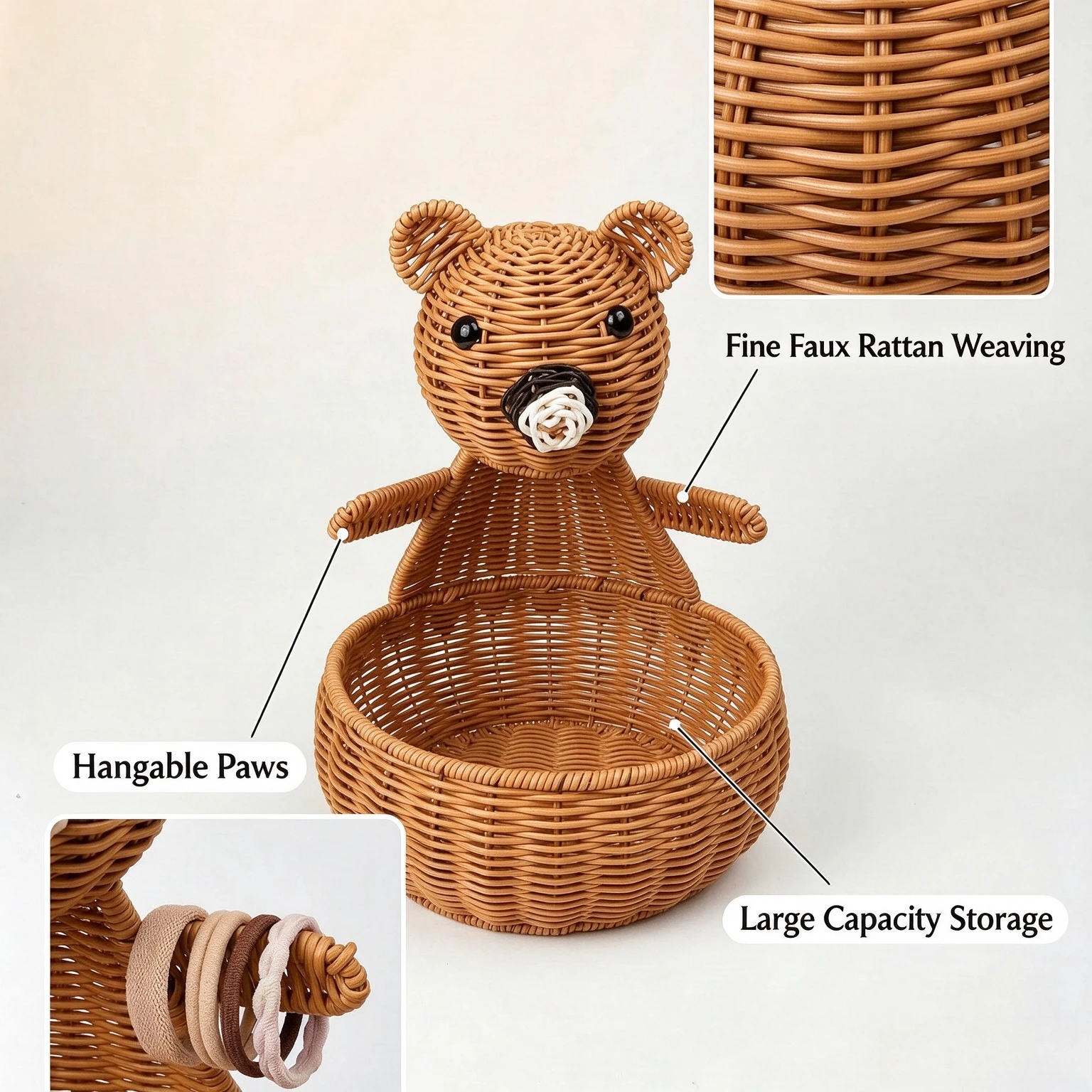 Plastic Faux Rattan Handwoven Bear Storage Basket Cute Cartoon Sundries Organizer Entrance Decorative Basket Home Tabletop