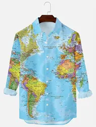Men's Shirt Graphic Shirt Map Turndown 3D Print Outdoor Street Long Sleeve Button-Down Clothing Vintage Fashion Designer Retro