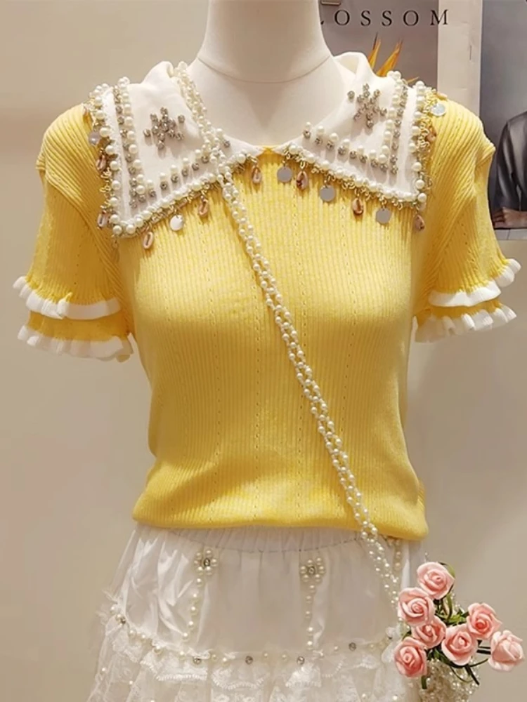 

Женский топ с кукольным воротником, высококачественная вязаная рубашка с кисточками и блестками, летняя облегающая футболка с цветными блоками, ледяной шелк