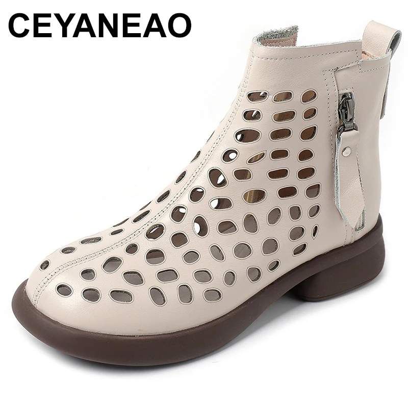 

Summer Ankle Boots Genuine Leather Shoes Women Mid Heels Sandals Side Zip Boots Cutout Breathable Mujer Zapatos