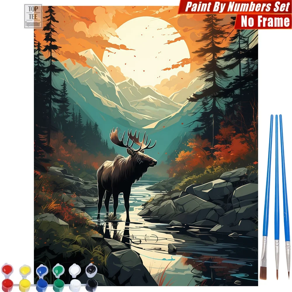 

Majestic Moose Mountains DIY Digital Oil Paint Set - Moose Stream Mountains Room Decor Halloween Gift For Neighbor