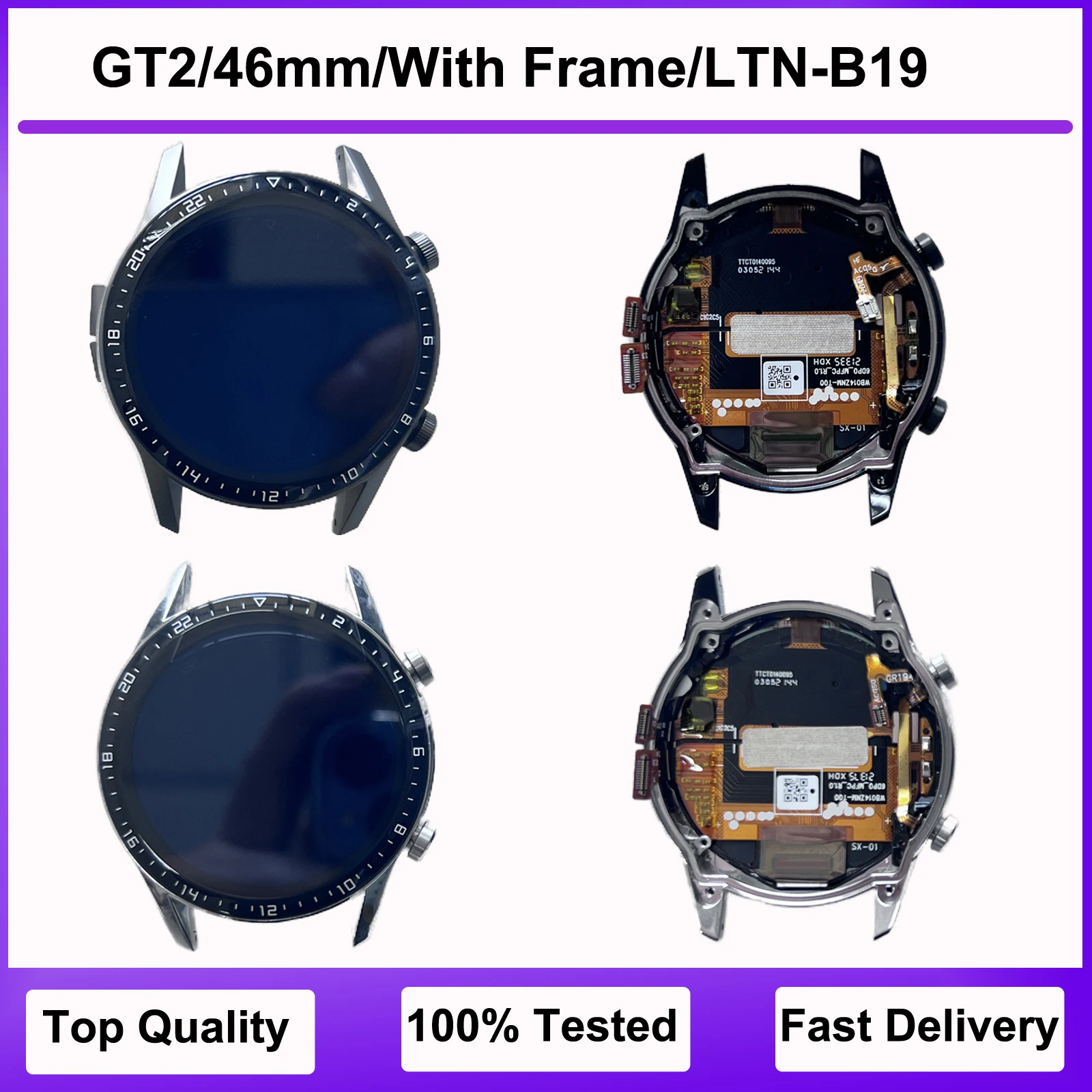 For Huawei GT2 46mm Black/Silvery smart watch screen assembly with frame watch LCD display replacement LTN-B19 watch screen