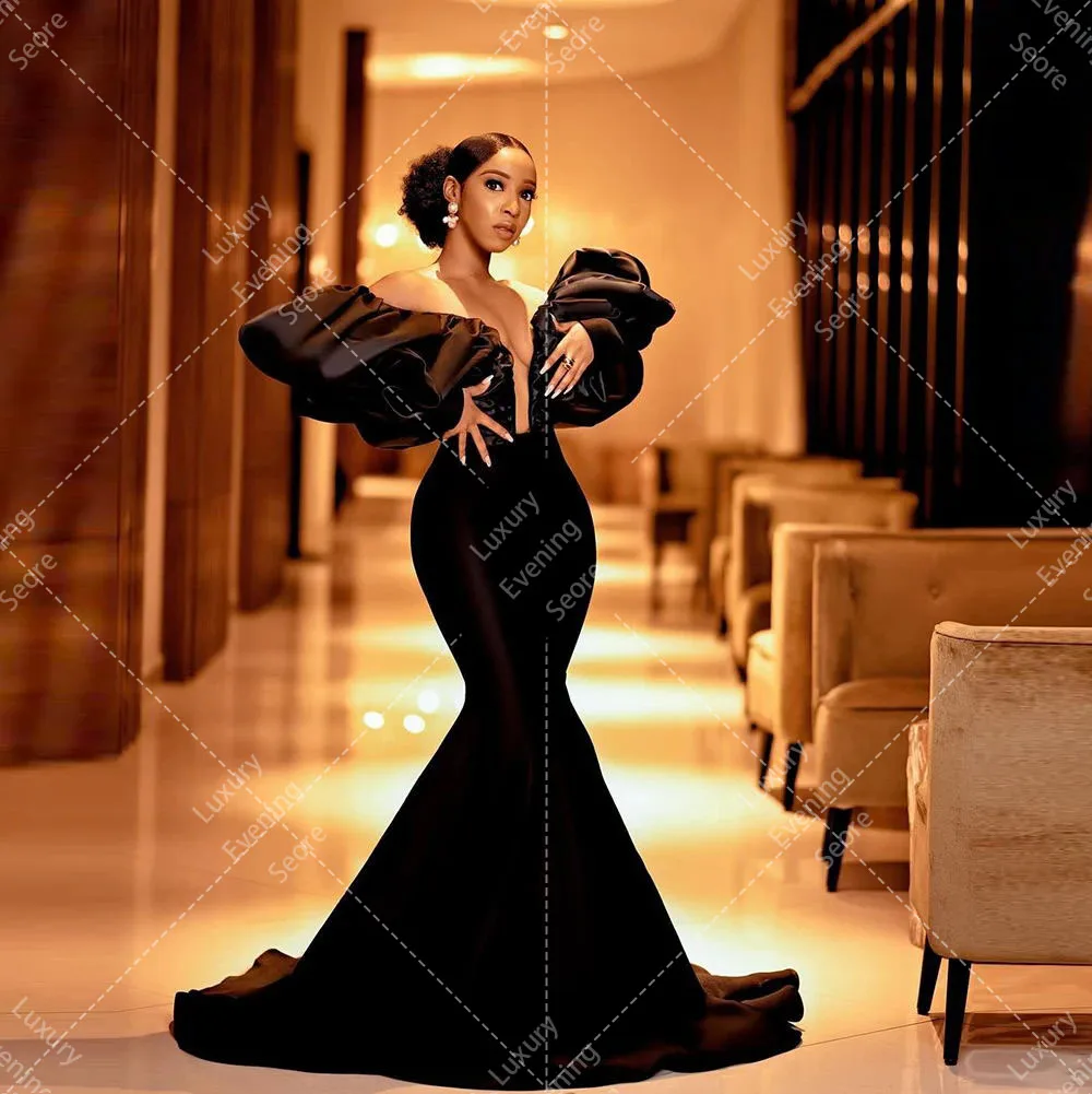 Sexy African Black Mermaid Evening Dresses Woman's Pleat Long Sleeve Off the Shoulder Plus Size Prom Gowns Formal Fashion Party