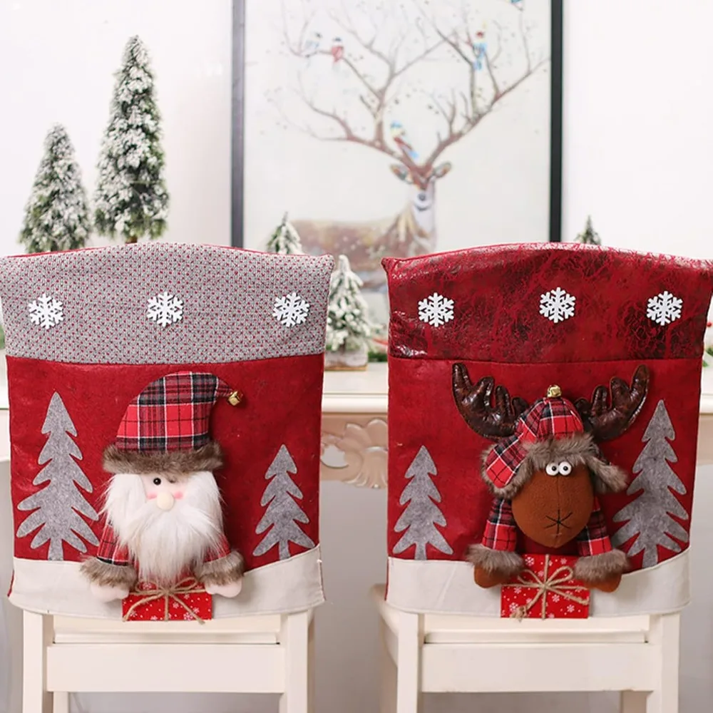 Christmas Chair Back Cover Set of 6 Santa Claus Snowman Elk Chair Covers Dining Chair Slipcovers for Kitchen Holiday Festival