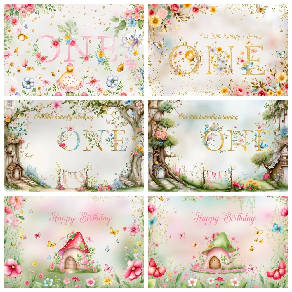 MOON.QG Children Happy Birthday Party 1st One Year Backdrop Custom Butterfly Baby Shower Decorations Spring Mushroom Backgrounds