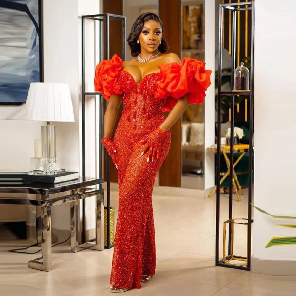 Red Sequined Jumpsuits Sweetheart Off Shoulder Beads Sexy Evening Party Dress Black Girls African Women Wedding Reception Gown