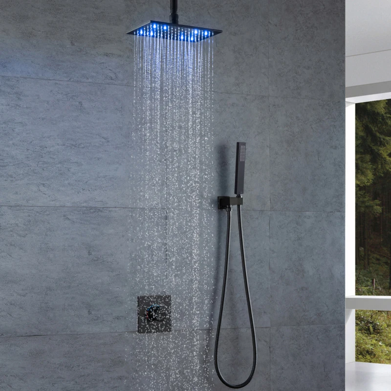 

Chrome/Matte Black Rain Shower Set 2-Function Hot and Cold Concealed Mixer LED Color-Changing Shower Faucet Shower System
