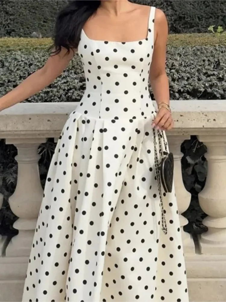 Nieuwe zomer elegante dames polka dot spaghetti boho maxi-jurk, vintage vloeiende lange jurk, chique vakantie strandfeest vestidos