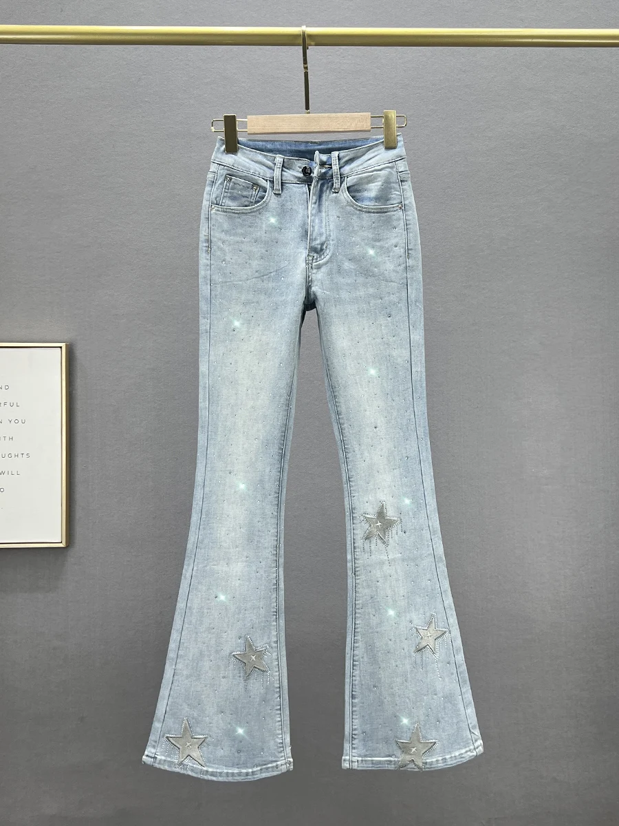 

Женские джинсы с высокой талией, облегающие, из эластичного денима, с блестками, длинные, слегка расклешенные, из хлопка, стрейч, новинка ранней осени 2024