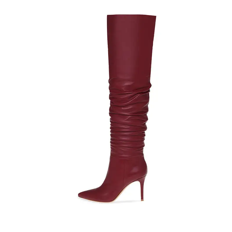 

Bla Wine Red Sexy Pointed Toe Pleated Large Size Knee High Boots Women's Faion Boots Winter High Heel Thin Heel Rubber Sole