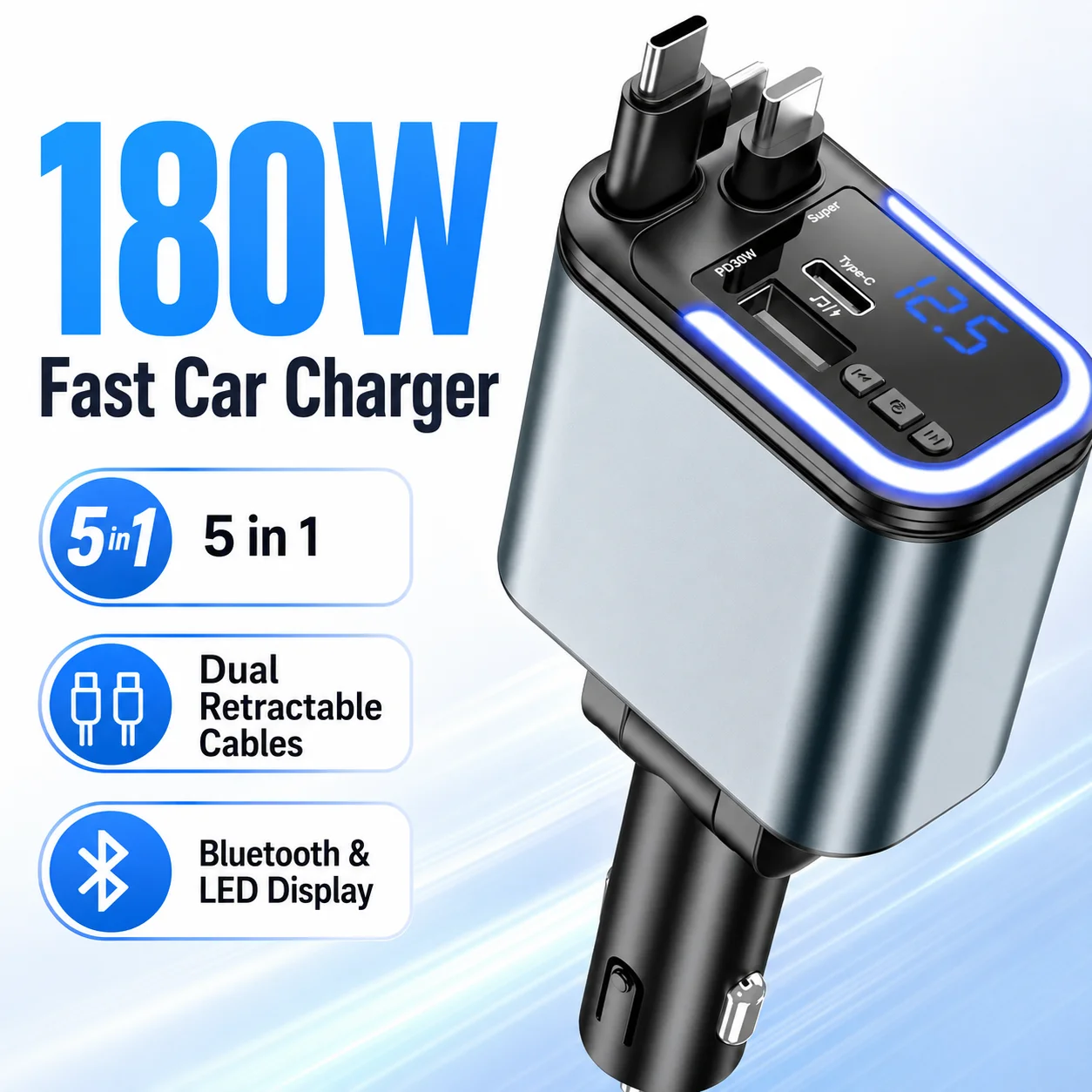 180W Bluetooth Car Charger with Retractable Cables USB C Fast Charging Hands Free Calling Music Player for Car