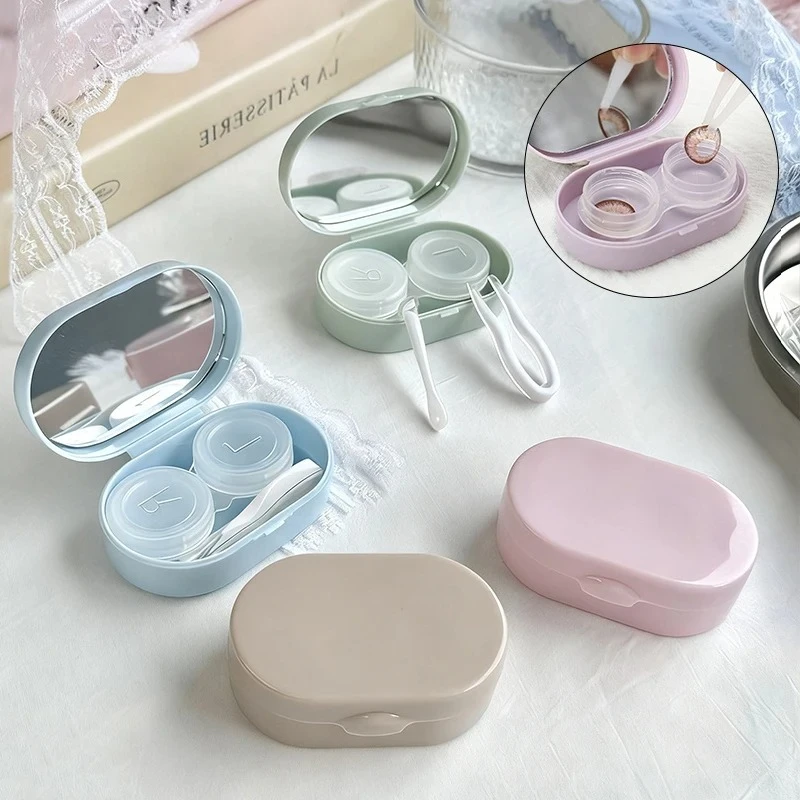 Estuche multifuncional para lentes de contacto con espejo, portátil para viaje, de color sólido, con cubierta, contenedor, soporte y caja de almacenamiento para remojo.