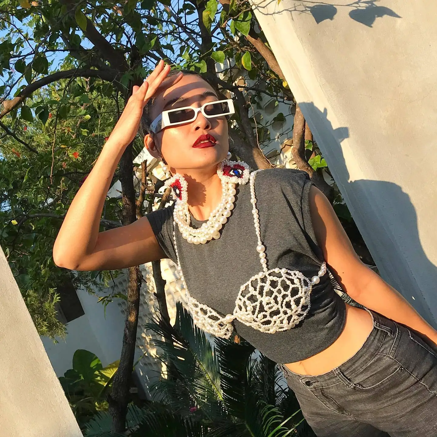 European And American Irregular Bead Bra Chain Hollow Backless Suspender Body Chain Sexy Exaggerated Hand Woven Bead Top