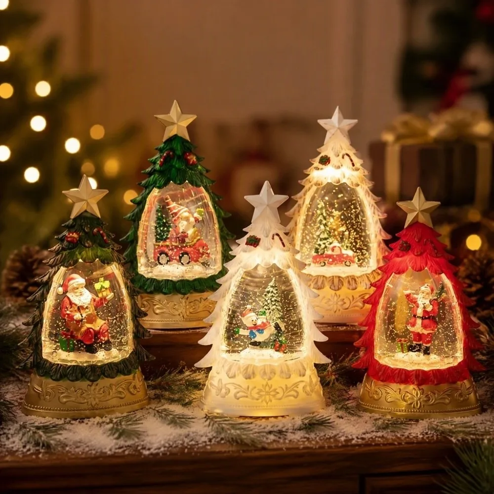 Christmas Tree Shape Christmas Snow Globe Lighted Desktop Ornament Lighted Water Lantern Handicrafts Floating Snowflakes