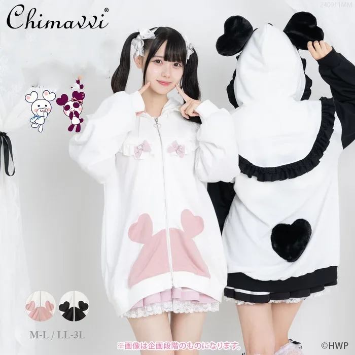 

Japanese New Sweet Girls Hooded Coat Women's Zipper Plush Fungus Edge Long Sleeve Bow Loose Coat Lolita Sweatshirt Jackets