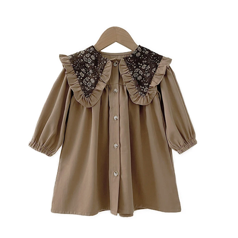 2026 Frühling Mädchen Kleid 2-6Y Kinder Prinzessin Kinder Party Braun Kleider Neue Lange ärmeln Baumwolle Retro Revers Mi Party Süße kleid – Detail 7