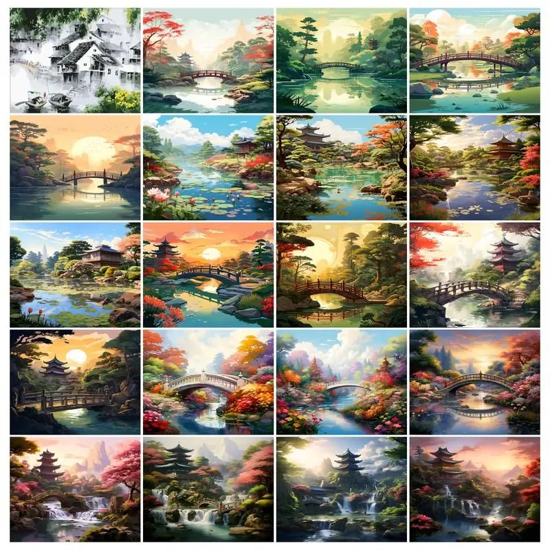 GATYZTORY Modern Painting By Numbers Paint Kit Picture Drawing Bridge Pavilion Canvas Painting Home Decoration For Adults Diy Se