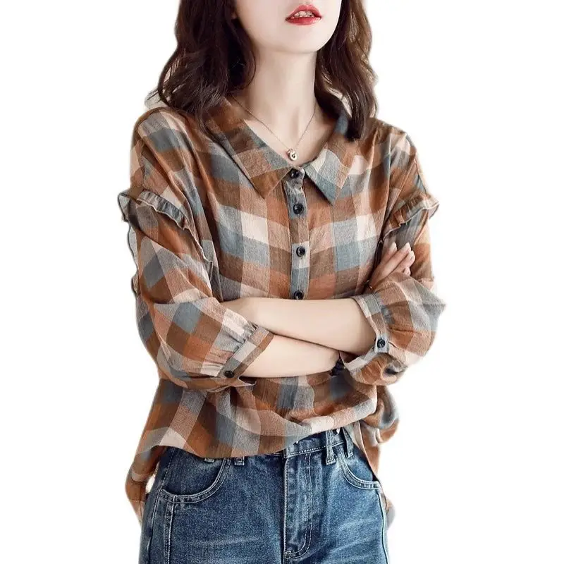 Fashion Printed Lapel Button Ruffles Plaid Shirt Female Clothing 2022 Autumn New Loose Casual Tops Korean Lantern Sleeve Blouses