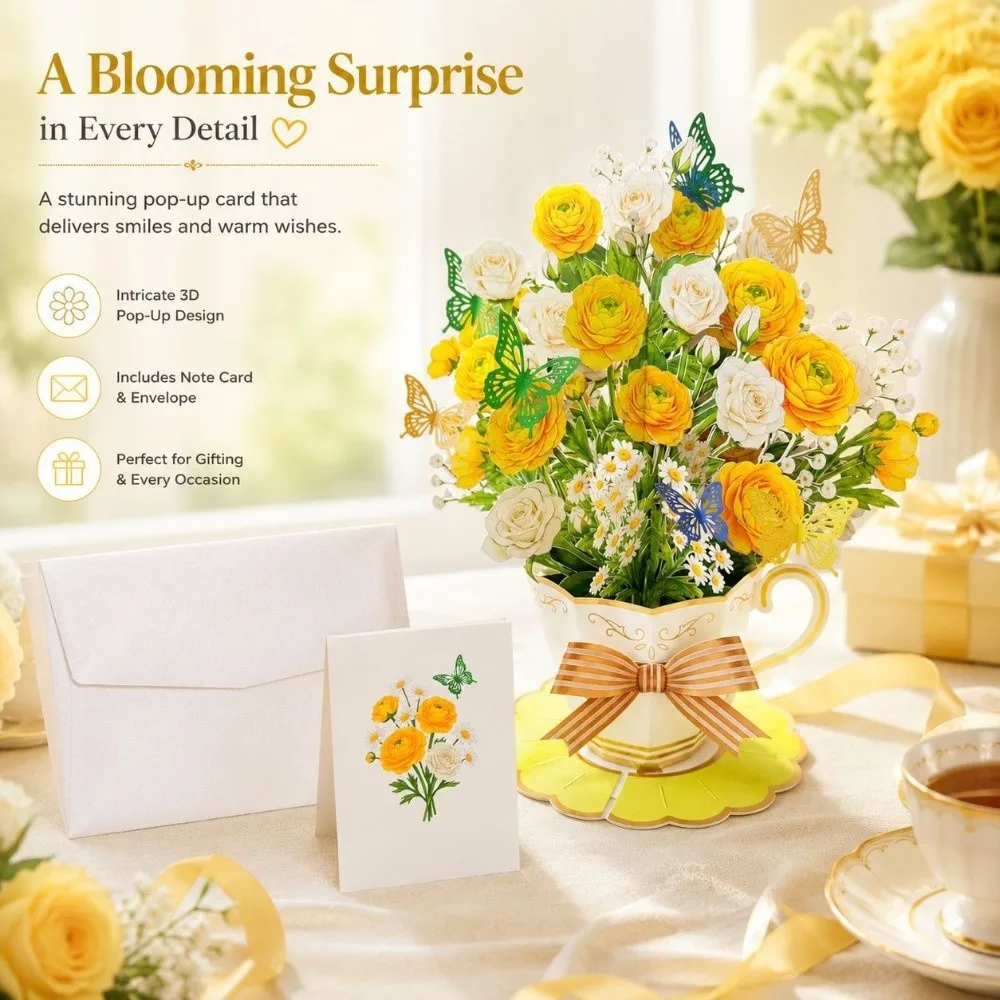 3D Pop Up Teacup Card Birthday Cards Surprise Flower Bouquet Card with Envelope & Message Note Best Wishes