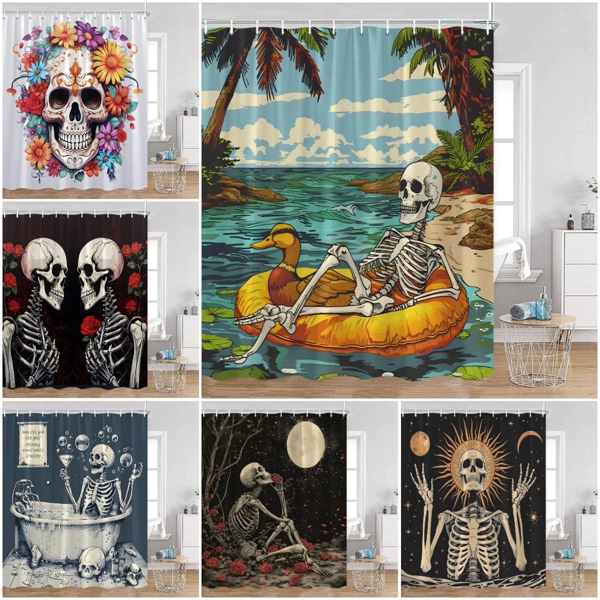 Funny Skull Shower Curtain Romantic Skeleton Flowers Roses Vintage Skeleton Bathroom Decor Polyester Dark Aesthetic Bath Curtain