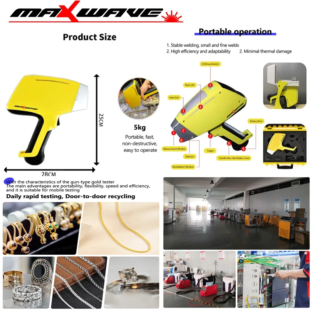 

Профессиональный тестер золота Maxwave QC150, рентгеновская флуоресценция, вольфрамовая мишень ±0,05 мм, точность, многопромышленное использование