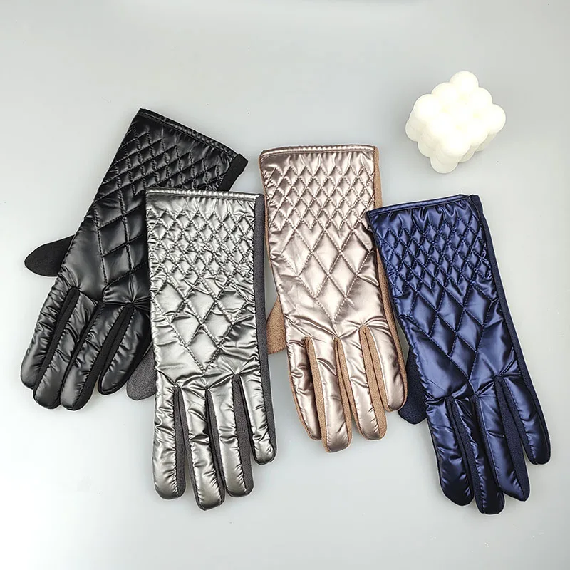 Fashion Plaid Print Down Cotton Plus Velvet Thicken Driving Touch Screen Mittens Women Winter Outdoor Skiing Riding Warm Gloves