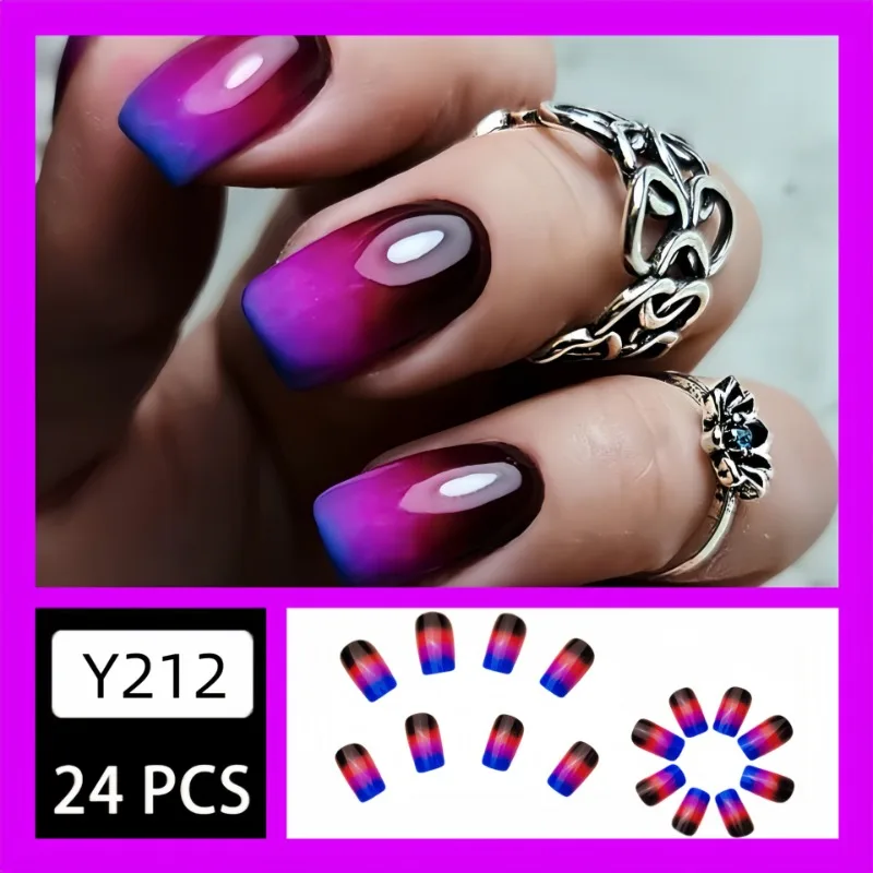 24 Pcs Fall and Winter Fake Nails Set Medium Cheap False Nail with Sticky Tabs Blue and Purple Gradient Press on Nails for Women