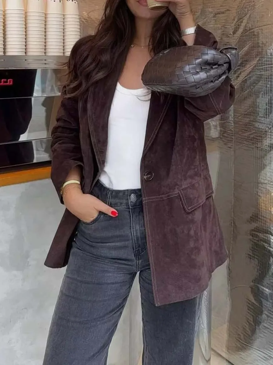 TWOTWINSTYLE Giacca in pelle scamosciata mallard retrò sottile per donna Colletto dentellato Manica lunga Cappotto con bottoni Pathwork Abbigliamento invernale femminile