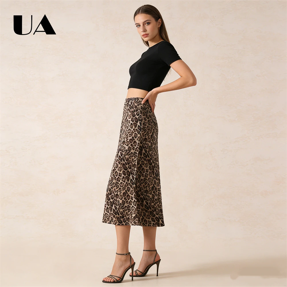 ULBYANRY Leopard Midi Skirt for Women Autumn Winter Timeless Women's Half Length Skirts Fish Tail Mid Long Skirts