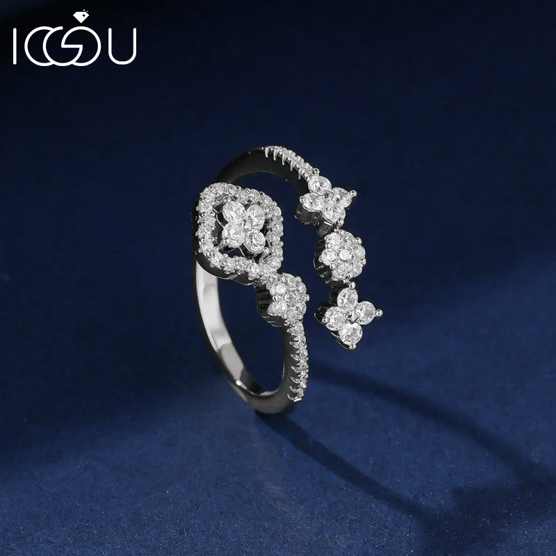 IOGOU Funkelnder runder D-Color Moissanit-Blumenring für Damen, VVS1, Laborimitation, Diamant-Kleeblatt, verstellbarer Ring, GRA-Schmuck, Geschenk